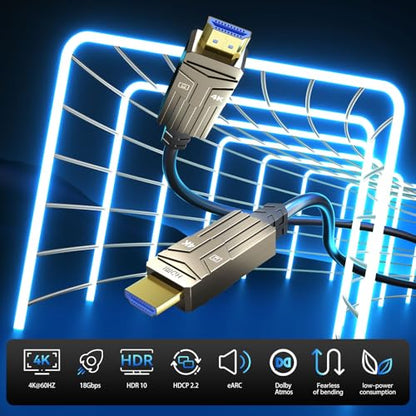 Soonsoonic Fiber Optic HDMI Cable 150ft,18Gbps 4K@60Hz(4:4:4) Unidirectional Active 2.0 Cord,Support HDR10 ARC HDCP 2.2 3D CEC Atmos DTS:X, Ultra high Speed Flexible and Slim（45m） - size: 150FT
