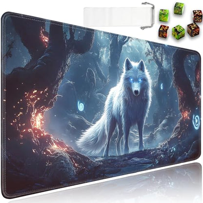 for MTG Game Playmat - 24 x 14 inches with Dices and Storage Bags, Non-Slip Base for TCG and Board Game Card Mats, Trading Card Games Mat, Glowing Wolf Pattern Collectible Card Playmats - color: Jv-playmat-p7-1-d108