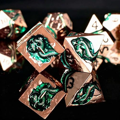 RULE DICE Serpent's Embrace Metal DND Dice Set - 7pc Polyhedral D&D Dice for TTRPGs Like Dungeons and Dragons and Pathfinder - Emerald Green Snake Design, Heavy & Balanced for Tabletop Gaming - color: Ld-rose Gold