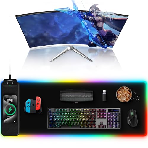 TopMade Mouse Pad with Wireless Charging, 31.5" x 11.81" Large Desk Mat RGB Gaming Mousepad, LED Desk Pad Keyboard Pad with Ultra-Smooth Surface & Non-Slip Rubber Base, Waterproof Desk Pad - color: RGB Black-31.5"x11.8"