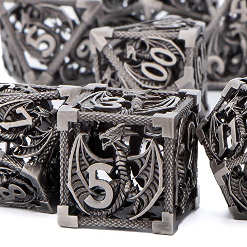KERWELLSI Hollow DND Dice Set D&D with Gifts Box, 7pcs Polyhedral Metal D and D Dice for Role Playing Game, Dungeon Dragon Dice D20 D12 D10 D8 D6 D4 (Iron) - color: Iron
