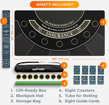 Newverest Blackjack Mat 70" x 35", Blackjack Table Top for Home Game Nights with Friends | Black Jack Casino Table Topper, Poker Mat Layout in Zipper Storage Bag with 8 Coasters in Gift-Ready Box - color: Golden Black