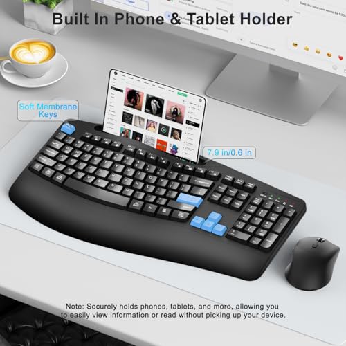 Wireless Keyboard and Mouse Combo, Full Size Ergonomic Wave Keys(Blue) | 2.4G Ergonomic Keyboard with Wrist Rest, Phone Holder, 3-Level DPI Silent Mouse with 6-Buttons, for Windows/Mac OS/Laptop/PC - color: Blue Black