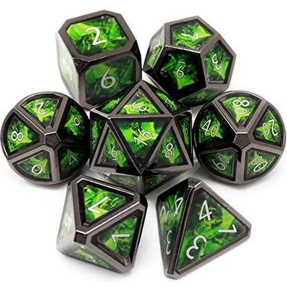 Haxtec Metal Dice Set D&D Acid Splash Real Scene Black Green Polyhedral DND Dice W/PU Leather Dragon Eye Dice Bag for TTRPG Compatible with Dungeons and Dragons Gifts - color: Green