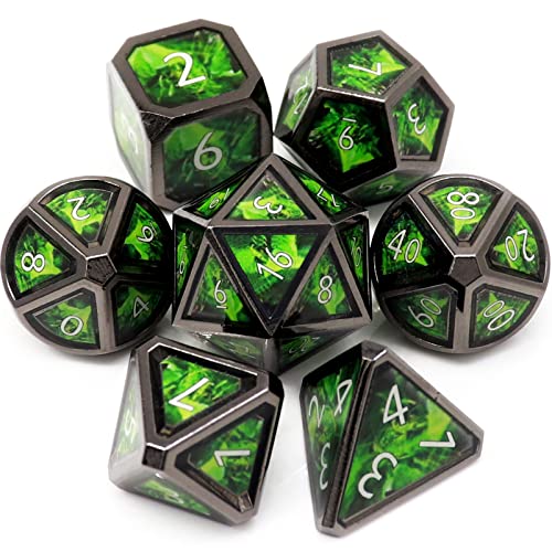 Haxtec Metal Dice Set D&D Acid Splash Real Scene Black Green Polyhedral DND Dice W/PU Leather Dragon Eye Dice Bag for TTRPG Compatible with Dungeons and Dragons Gifts - color: Green