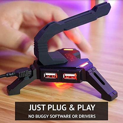 Tilted Nation Gaming Mouse Bungee Cord Holder with 4 Port USB Hub For PC & XBOX Wired Mice - Pro Esports Drag-Free Cable Management - Red LED