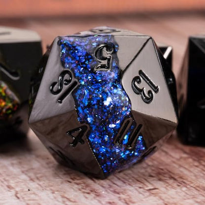 Galaxy Metal Dice Set, 7PCS Polyhedral DND Dice with Glitter Resin Inlay, Heavy Metal RPG Dice for Dungeons and Dragons Tabletop Games - color: Black Nickel Seven Colors
