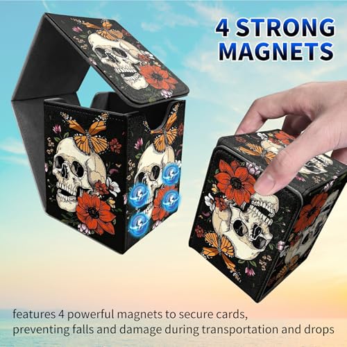Peony Flower Skull Card Deck Box, MTG Commander Deck Box Card Deck Case for Trading Cards, 100+ Sleeved Cards with PU Leather Magnetic Card Storage Box for TCG CCG Magic Cards - color: Card Deck Box-590