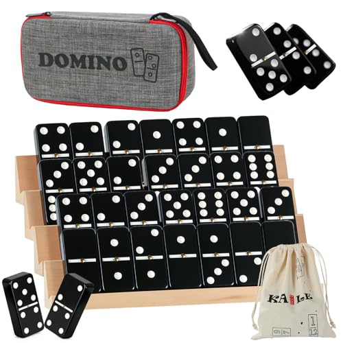 KAILE Jumbo Double 6 Domino Set with Portable Case & 4 Wooden Racks | 28 Large Tiles for Adults & Families | Travel & Board Games for 2-4 Players - color: Black