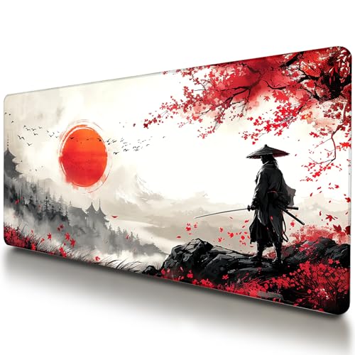 VNDL Large Japanese Gaming Mouse Pad, White and Red, Premium Non-Slip Anime Desk Pad for Office, Extended XL XXL Mouse Mat and Laptop Pad, Waterproof and Stiched Edges 31.5 x 15.7 in (sam2) - color: sam2
