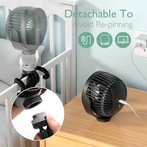 Momcozy 8000mAh Portable Stroller Fan | 27H Ultra-long Battery Life | Detachable 4 Speed 360°Rotate | 2 Modes LED Night Light, USB Rechargeable Handheld Cooling Fan for Travel, Car Seat, Bedroom - color: Black