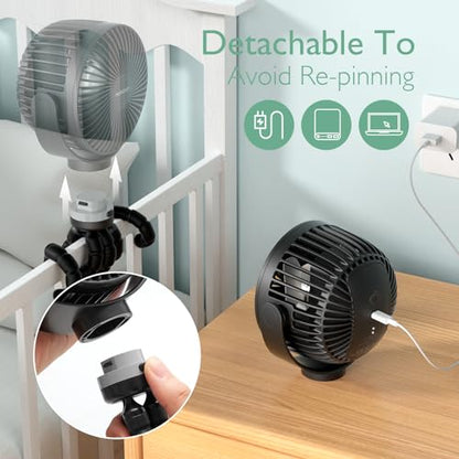 Momcozy 8000mAh Portable Stroller Fan | 27H Ultra-long Battery Life | Detachable 4 Speed 360°Rotate | 2 Modes LED Night Light, USB Rechargeable Handheld Cooling Fan for Travel, Car Seat, Bedroom - color: Black