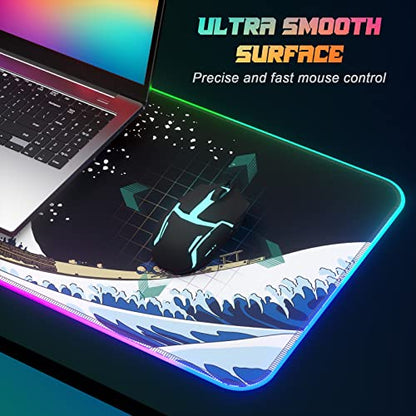 ITNRSIIET RGB Gaming Mouse Pad, Full Desk XL Extended Large Gaming Mousepad, 12 Lighting Modes 30% Thicker Big LED Desk Mat for Gamers, 32 x 12 inches, Japanese Waves - color: Japanese Waves