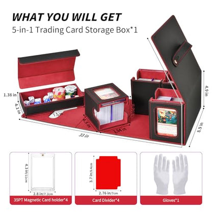 Commander Deck Box for MTG, Trading Card Storage Box Holds 400+ Double-Sleeved Cards, 5 IN 1 Removable Card Case with Dice Tray, Display Window with Magnetic Card Holders for TCG/CCG (Black Red) - color: 5-IN-1-Black Red