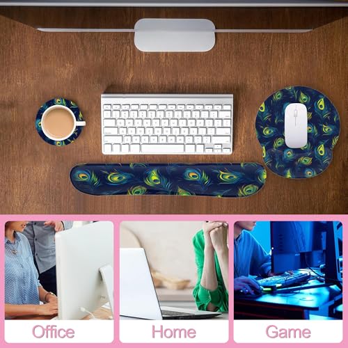 Blue Peacock Feather Keyboard Wrist Rest Pad and Mouse Pad Wrist Support Set,3-in-1 Ergonomic Mouse Pad with Non-Slip Rubber Base for Home Office Game Computers Desk, - color: Blue Peacock Feather
