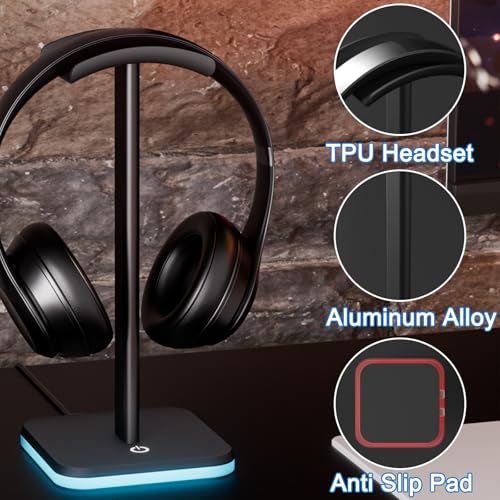 Headphone Stand for Desk - Headset Stand Headphone Holder (RGB-Black) | with Aluminum Hanger and Plastic Headrest, headphone holder for AirPods Max, Sony, Bose, Beats and More - color: RGB-Black