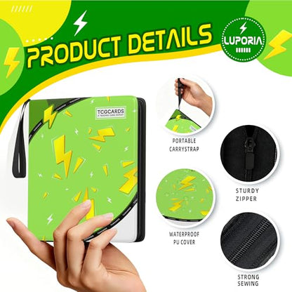 Trading Card Binder 4 Pocket,400 Pocket Card Collection Binder with 50 Removable Sleeves,PU Waterproof Top Card Book,3-Ring Zipper Collectible Trading Card Album for MTG/TCG/Card Holder Gift（Green） - color: Green, size: Small