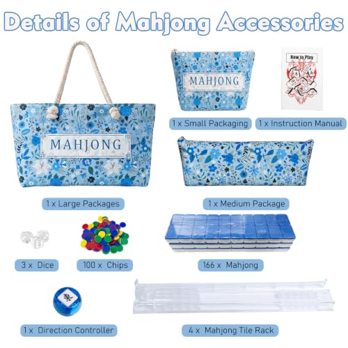 American Mahjong Game Set, Complete Mahjong Set with 160 Premium White Tiles and Mahjong Racks, Bag and Accessories for Family Party (Blue Bag)