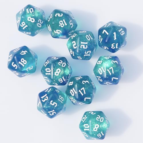 10PCs D20 Polyhedral Dice Set 22mm for DND RPG MTG Dungeons and Dragons Dice (Blue + Cyan) - color: Blue + Cyan