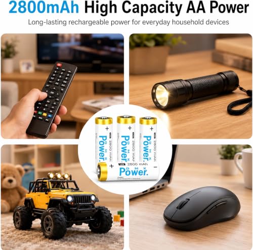 DMK POWER AA Rechargeable Batteries 2800mAh 4 Pack, 1.2V NiMH Double A Batteries, Pre-Charged Low Self Discharge, 1200 Cycle Rechargeable Battery Pack for Toys, Remotes, Flashlights, Game Controllers