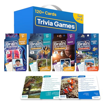 Brain Busters Card Game for Kids, Family Trivia Game Bundle with 120 Flash Cards - Learn and Play with Multiple Choice Trivia Cards About Human Body, Ocean Life, Dinosaurs and Space (Ages 6+) - style: Wildlife