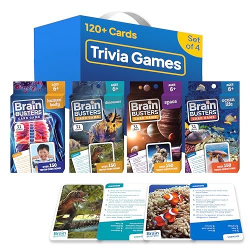 Brain Busters Card Game for Kids, Family Trivia Game Bundle with 120 Flash Cards - Learn and Play with Multiple Choice Trivia Cards About Human Body, Ocean Life, Dinosaurs and Space (Ages 6+) - style: Wildlife