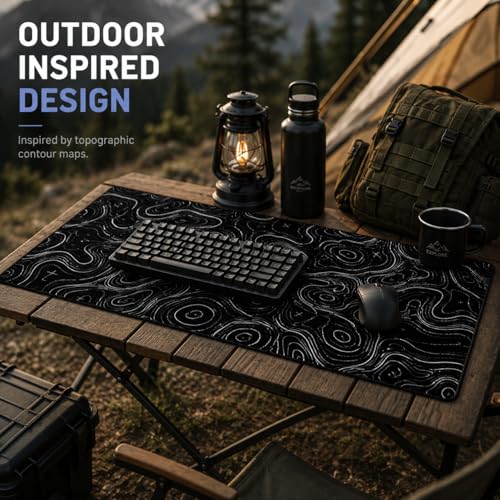 Topographic Gaming Mouse Pad 35.4x15.7 Inch, 0.12 Thickness, Extended Full Desk Mat, Non-Slip Rubber Base, Water Resistant Surface, Black Mousepad for PC Gaming, Office, E-Sports - color: Black Topographic Map