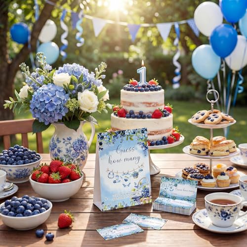 Blueberry Guess How Many Baby Shower Game Pack of 1 Tabletop Sign with Stand and 50 How Many Cards, a Berry Sweet Baby Is on the Way Gender Reveal Party Game Decoration - style: Blueberry
