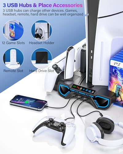 Cooling Station with Controller Charging Station for PS5/Slim/Pro Console | Cooling stand and Controller Charger Accessories for Playstation 5 - LED Light, Turbo Fan, Headset Holder, 3 USB Hub, Black - color: Black