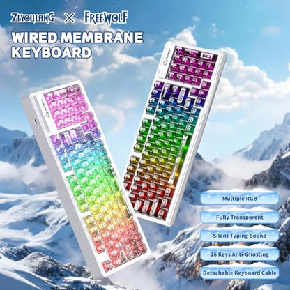 FREEWOLF M95 Transparent Membrane Keyboard with Clear Keycap,Wired Gaming Keyboard with RGB Backlit, 94 Silent Keys with Mechanical Feeling,26-Key Anti-ghosting,for Mac/Windows -White - color: White