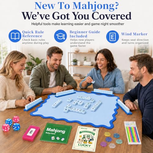 Complete Mahjong Mat Set, 32.4"x32.4" Blue Scalloped Edge Table Cover, Non-Slip & Noise Reduction Gaming Mat with Carrying Bag, Rules, Chips, Wind Marker for Poker & Board Games - color: Blue-set