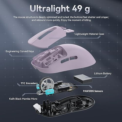 ATTACK SHARK X3 Wireless Gaming Mouse, 49g Ergonomic Computer Mouse, Triple Modes PAW3395 26K DPI Optical Sensor, 200h Battery Life, Programmable Buttons, Gaming Accessories for PC/Laptop/Mac (Purple) - color: Lavender