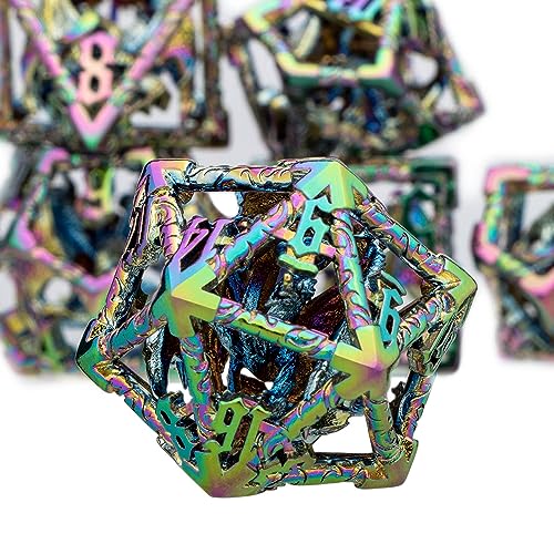 ARUOHHA Hollow DND Dice Set, 7PCS Metal Rainbow D and D Dice Role Playing Games RPG Polyhedral Dice with Gift Box D20 D12 D10 D8 D6 D4 - color: Rainbow
