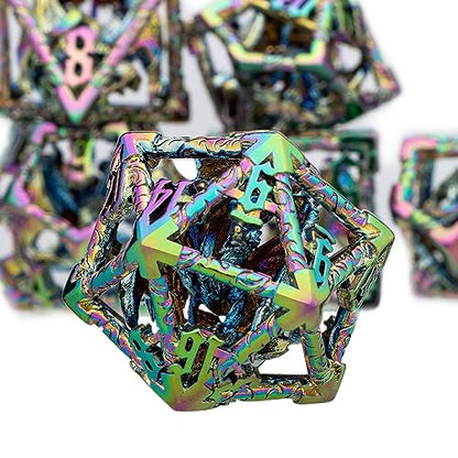 ARUOHHA Hollow DND Dice Set, 7PCS Metal Rainbow D and D Dice Role Playing Games RPG Polyhedral Dice with Gift Box D20 D12 D10 D8 D6 D4 - color: Rainbow