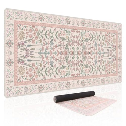 Baziabbo Pink Floral Desk Mat,XXL Extended Big Mouse Pad,Gaming Mousepad with Stitched Edge,Non-Slip Rubber Base Keyboard Desk Pad for Home Office Study Game - color: Pink Floral