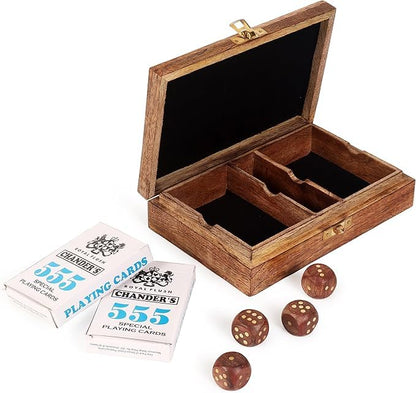 Handmade Wooden Playing Card Holder Box -See Through Playing Cards Case with Include 2 Sets of Cards Including Wooden 4 Dice