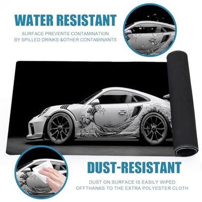 Sports Car Gaming Mouse Pad, Desk Mat, Large Mousepad with Stitched Edges Non-Slip Rubber Base, XL Extended Computer Keyboard Pad, Office&Home, 31.5x11.8in, Black Kanagawa Wave - color: Sports Car