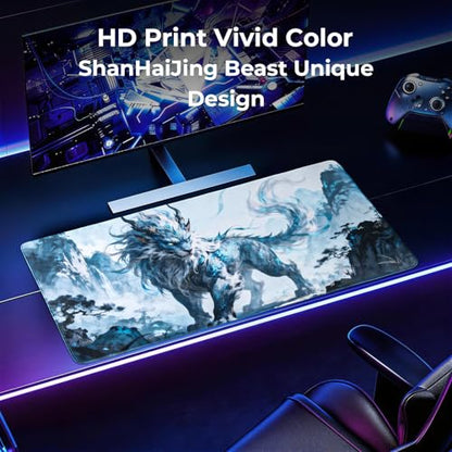 Lion Gaming Mouse Pad, XXL Chinese Landscape Desk Mat 31.5X15.7 | HD Print, Non Slip Rubber Base, Waterproof Fabric Top, Stitched Edges, Ideal Gift for Dorm, Home, Office & Back to School - color: Iceblue