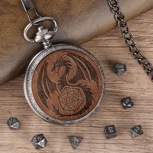 Mini DND Dice Set Wooden Dragon Engraved Pocket Watch Shell Case, 7pcs Polyhedral Metal D&D Dice Set, DND Gifts with Gift Box, Role Playing Board Games Accessories, Silver