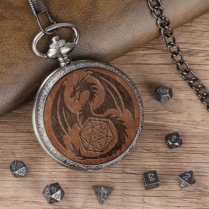 Mini DND Dice Set Wooden Dragon Engraved Pocket Watch Shell Case, 7pcs Polyhedral Metal D&D Dice Set, DND Gifts with Gift Box, Role Playing Board Games Accessories, Silver