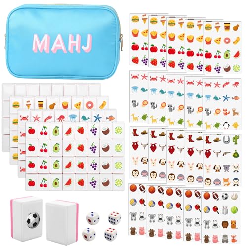 4 Players Mahjong Block Set, 128 Pink Tiles(1.18”) with 4 Different Patterns, Portable Plastic Mahjongg Set with A Carry Bag & Instruction, Mahjong Tile Game for Adult