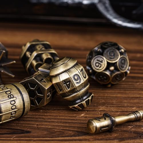 UDIXI Metal Dice Set D&D RPG Polyhedral Metal DND Dice Set Ancient Bronze | 7PCS, Bomb Shape, Solid Metal, Cool Design, Leather Pouch Packaging, for Dungeons and Dragons Role Playing Game Tabletop Game - color: Ancient Bronze