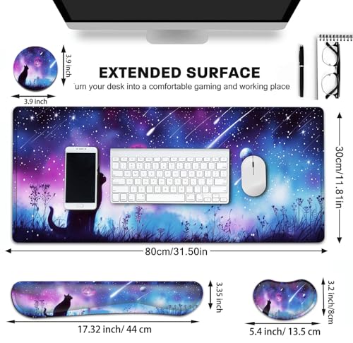 Large Gaming Mouse Pad+ Keyboard Wrist Rest Set, Ergonomics Memory Foam Mouse Mat Wrist Rest Support for Home Office, Waterproof Extended Mousepad 31.5x11.8in, Black Cat Starry Night Desk Pad - color: Yvb-mousepad-9-f-158