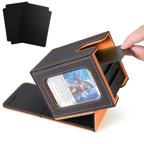 MTG Deck Box with Commander Display Window (Black&Orange, 1 window) | Holds 120 Single/100 Double-Sleeved Cards, Fit MTG/PTCG/OPTCG Cards, Strong Magnet, PU Leather, With 2 Dividers & 1 Toploader - color: Black and Orange
