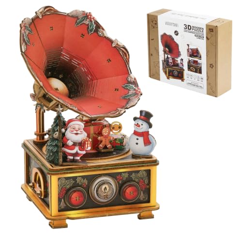 3D Puzzles for Adults Vintage Gramophone Music Box - 3D Wooden Puzzle Mechanical Model Kit - DIY Phonograph Craft Holiday Decor, Unique for Men Women - color: Santa Gramophone