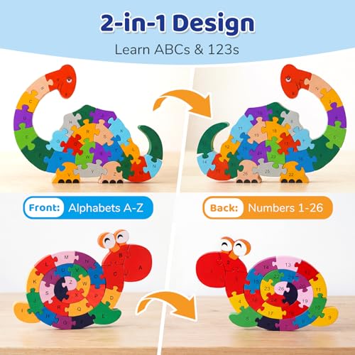 LovesTown Wooden Puzzles, Snail & Dinosaur, Double-Sideld | Alphabet & Number Learning, Montessori Toy, for Kids, Shape Recognition, Fine Motor Skills, Screenless Play