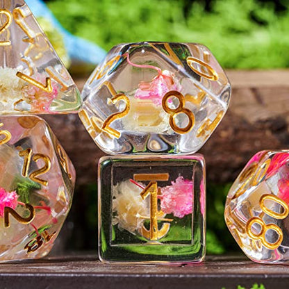 Cusdie 7-Die DND Dice, Polyhedral Dice Set Filled with Flowers, for Role Playing Game D&D Dice (Rose/White w/Golden Numbers) - color: Rose/White W/Golden Numbers
