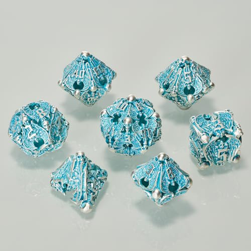 Metal Dice Set, Matt Blue White 7 PCS Skull Hollow D&D Dice Set for Dungeons and Dragon Dice,MTG RPG Role Playing Game(Matte Blue White Skull) - color: Matte Blue White Ts