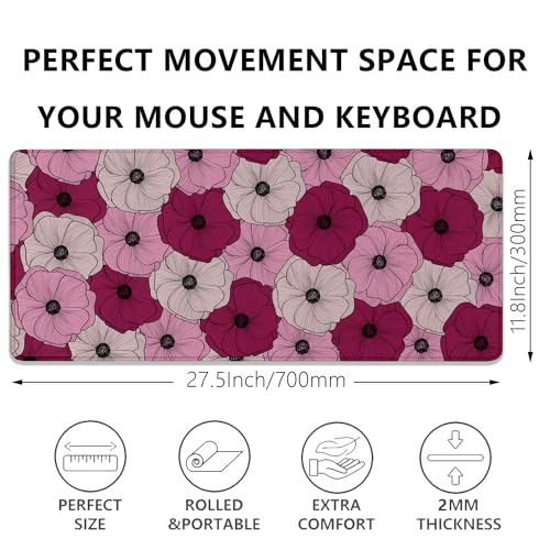 Abstract Floral Mouse Pad Desk Pad,Boho Art Flowers Extended Gaming Mouse Mat with Stitched Edges Non-Slip Waterproof Rubber Base Mous Mat for Office Home Game Desk Pad(27.5X11.8 in) - color: Line Art Floral