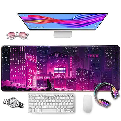 Gaming Laptop Mouse Pad,Sea Wave Big Mice Pads PC Keyboard Waterproof and Non-Slip 31.5" x 11.9" 0.12" Thick XL,XXL Rubber Table Mat, Purple Cyberpunk City Night View - color: Japaese Anime, size: 31.5" x 11.9"